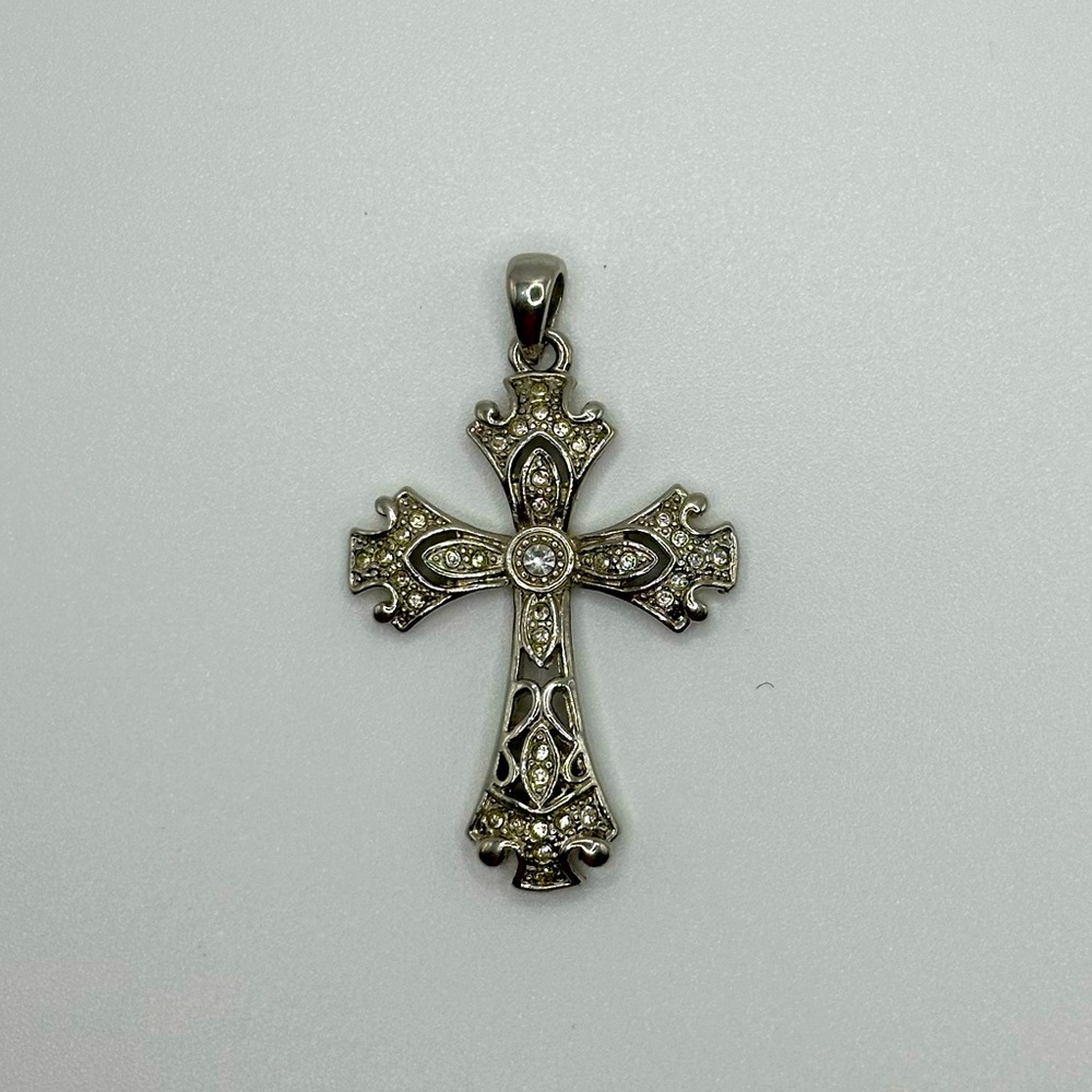 Vintage Silver Rhinestone Cross Pendant Detailed Cut Out Design